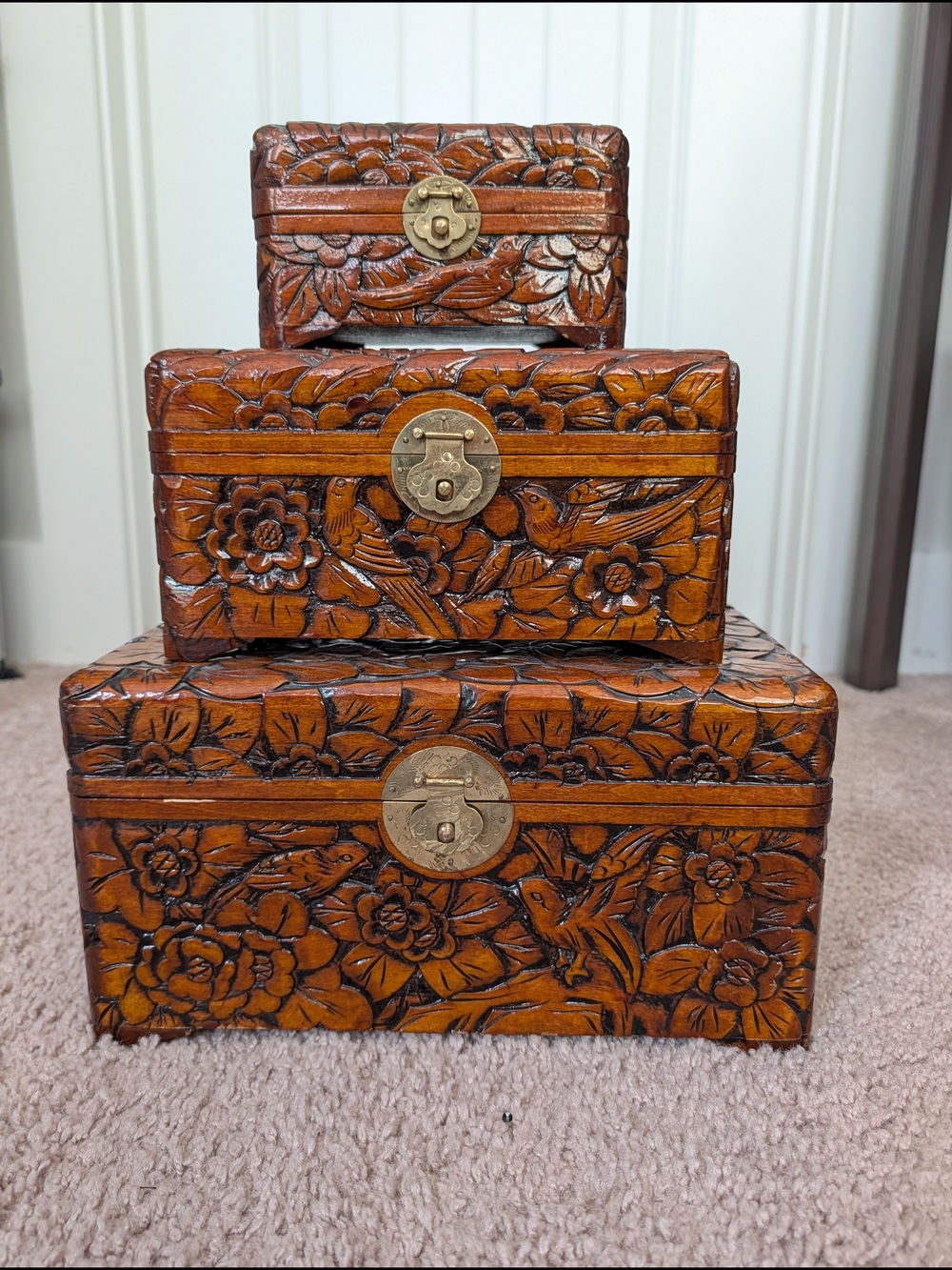 3 Vintage Hand Carved Brown Chinese Bird Camphor Wooden Floral Trinket Boxes